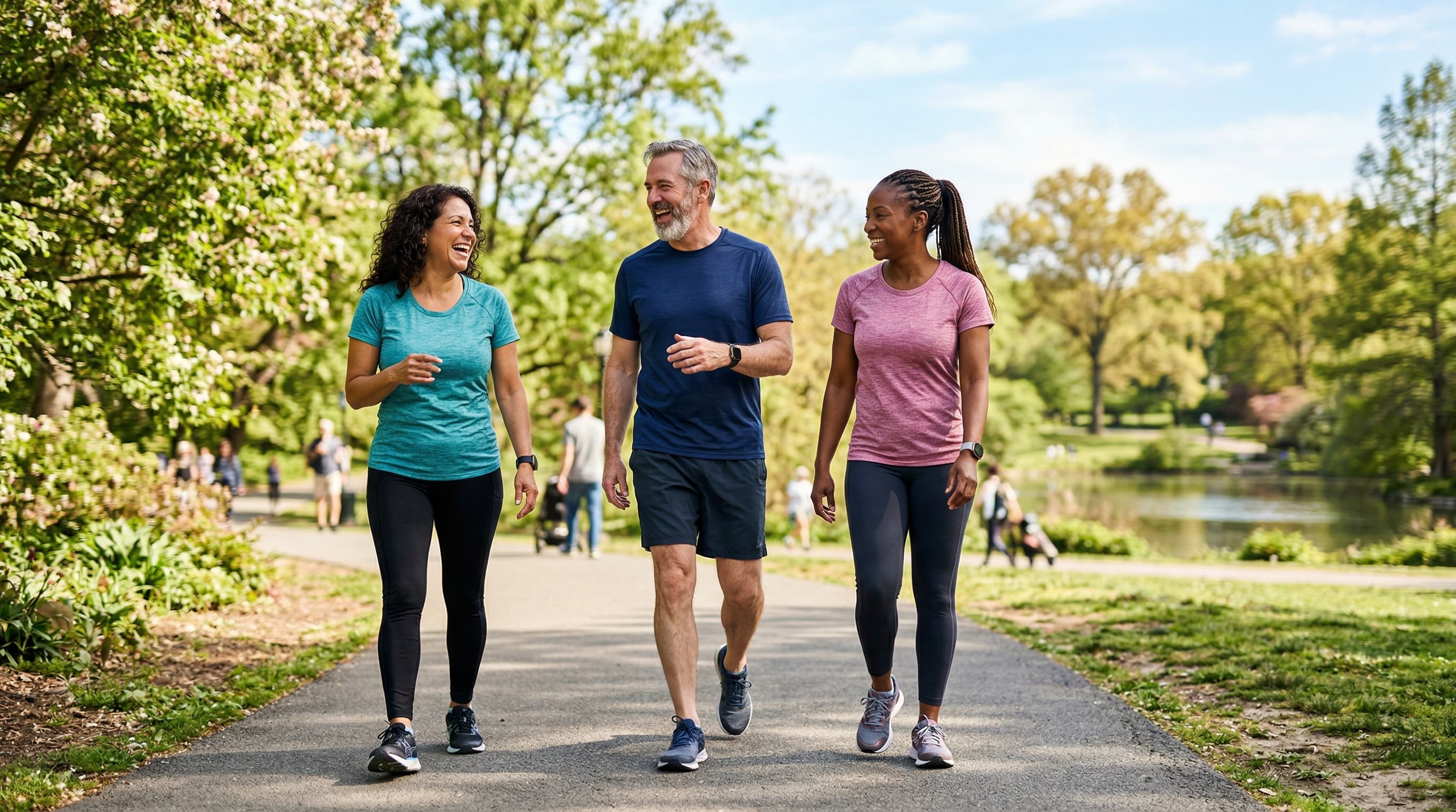 Three people walking together in a park after achieving their weight loss goals